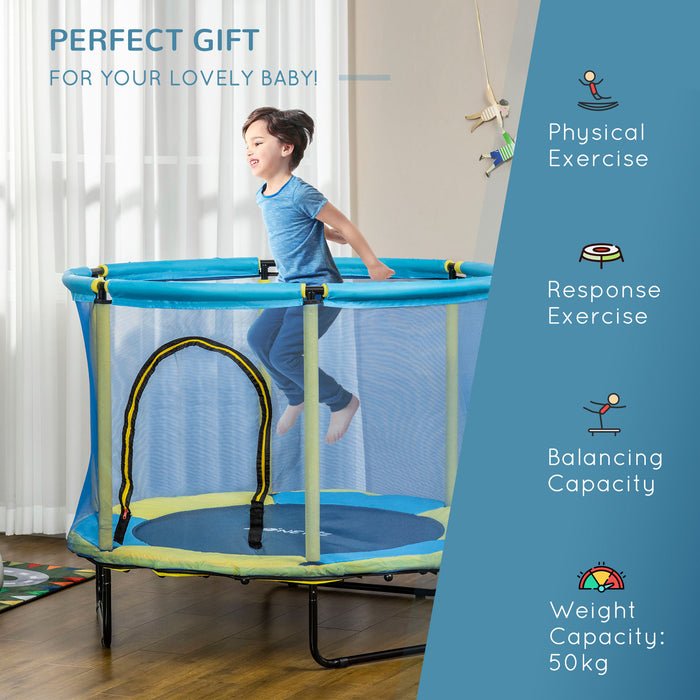 Kids Trampoline with Safety Enclosure - 140 cm Indoor Bouncer for Ages 1-6, Blue - Fun and Secure Jumping Gym for Children