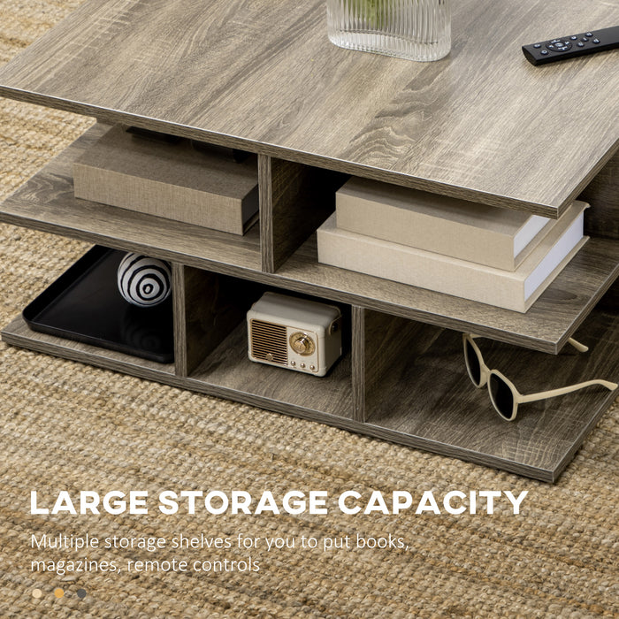 Modern Grey Square Coffee Table - Living Room Cocktail Furniture with Multiple Storage Shelves - Stylish Space-Saving Design for Contemporary Homes