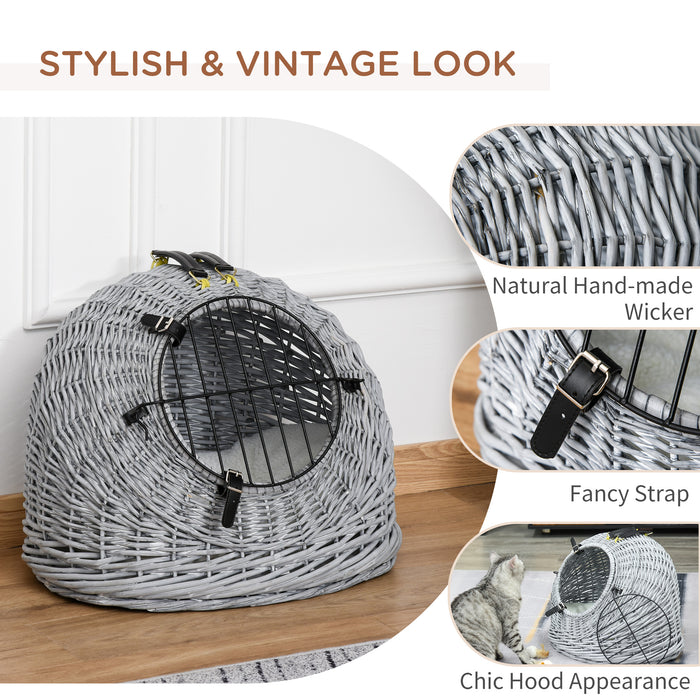 Wicker Portable Pet Carrier - Grey Cat Kitten Travel Basket with Soft Cushion and Handle - Comfortable & Convenient Pet Transport, 50x40x40cm