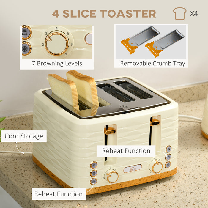 3000W 1.7L Rapid Boil Kettle & 4 Slice Toaster Set - Beige, 7 Browning Settings & Easy-Clean Crumb Tray - Ideal for Busy Mornings & Large Families