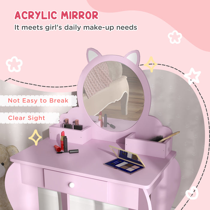 Kids Vanity Table & Stool Set - Cat-Themed Design with Mirror, Drawer, & Storage Boxes - Perfect for Children Aged 3-6 Years, Pink