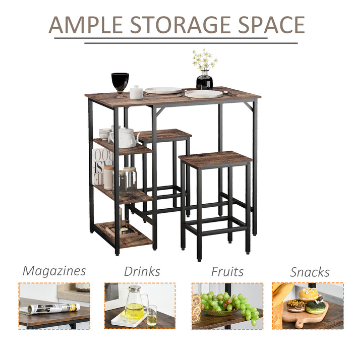 Industrial Bar Height Dining Table Set with Side Shelf - Includes 2 Stools for Kitchen or Dinette - 3-Piece Coffee and Dining Room Furniture Combo