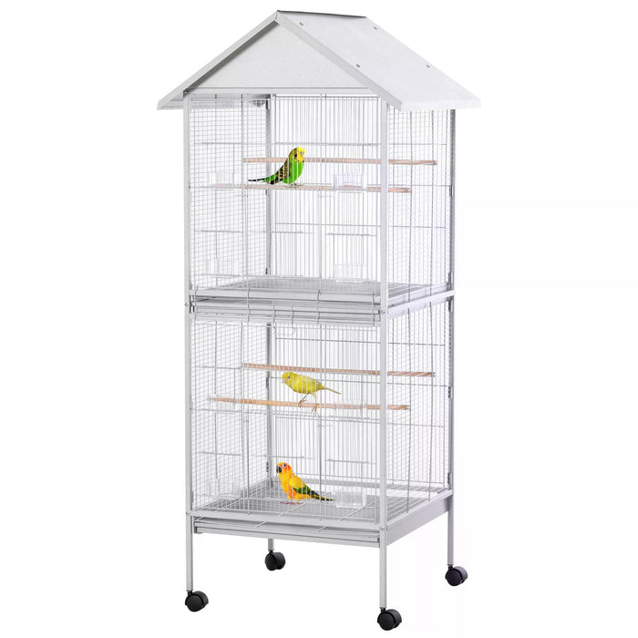 170cm Tall White Metal Bird Cage - Parrot Home with Mobile Feeder, Perches, Food Containers, Rolling Stand & Wheels - Ideal for Avian Enthusiasts & Pet Safety