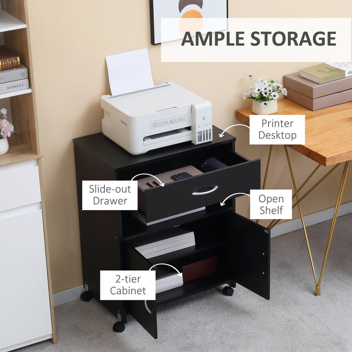 Mobile Printer Cabinet with Storage - Versatile Table, Open Shelf, and Drawer Design for Home & Office Organization - Sleek Black Finish, Space-Saving Solution