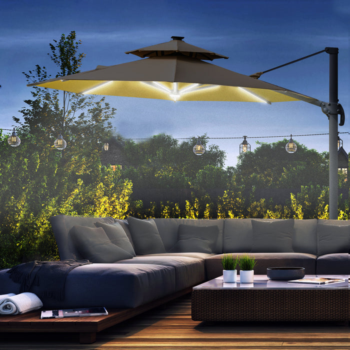 3M Cantilever Parasol with Solar Lights - Adjustable Canopy, 360° Rotation, Power Bank & Cross Base - Outdoor 2-Tier Roof Garden Umbrella for Sun Protection, Khaki