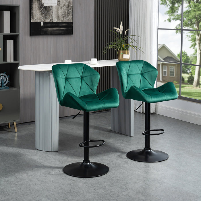 Luxurious Velvet Swivel Bar Stools - Pair of Adjustable Height Barstools with Metal Frame, Footrest, and Round Base - Ideal for Kitchen Island and Home Bar Comfort Seating in Green