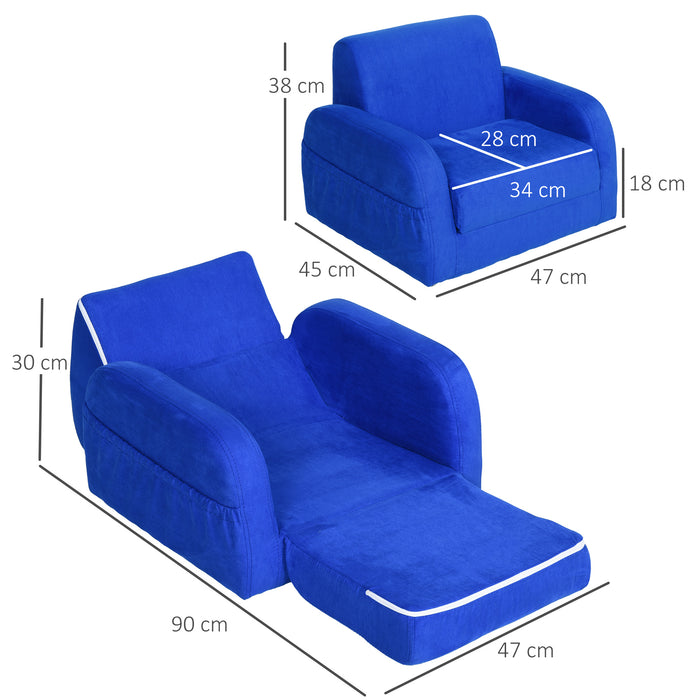 Kids 2-in-1 Sofa Chair Bed - Folding Soft Flannel Foam Couch for Toddlers - Convertible Furniture for Playroom & Bedroom, Ages 3-4, Blue