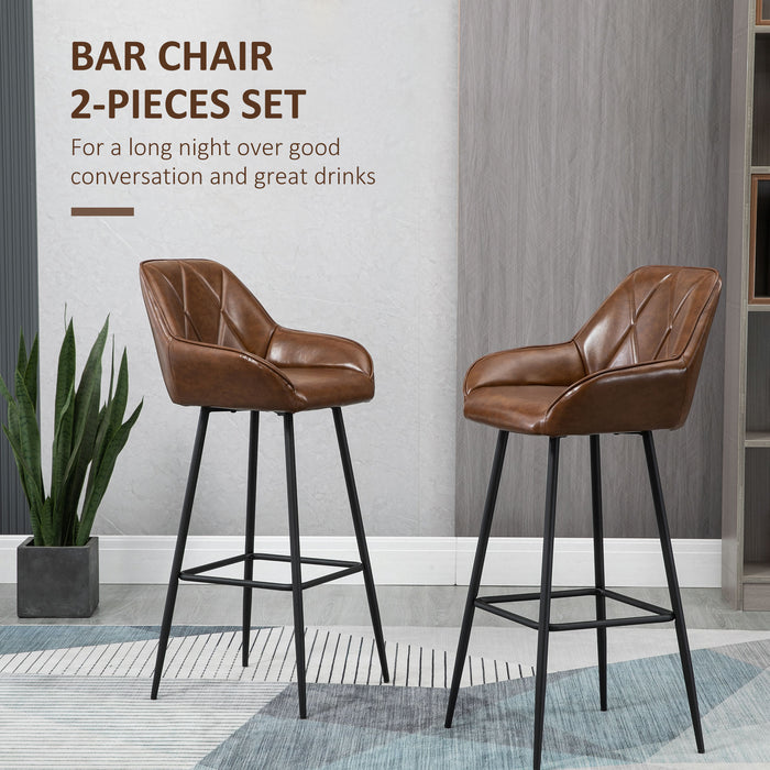 Retro Bar Stool Duo - Breakfast Bar Seating with Back Support & Footrest, Steel-Legged - Ideal for Dining & Home Bar Areas in Brown