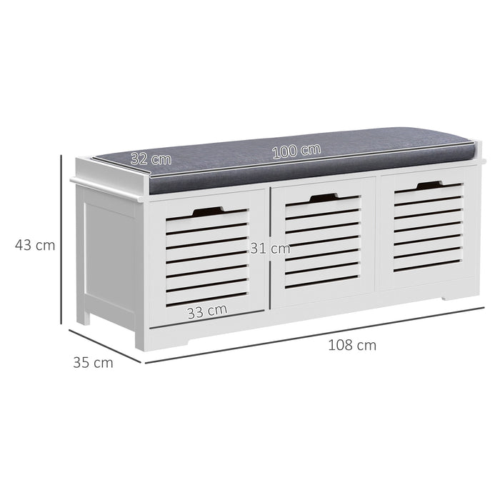 White Storage Bench with 3 Built-In Drawers - Hallway Seating & Organizational Solution with Removable Grey Cushion - Ideal for Entryway Clutter Management