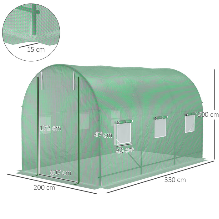 Polytunnel Greenhouse 3.5x2x2m - Steel Frame Walk-In Tent with PE Cover, Roll Up Door, 6 Ventilated Windows - Ideal for Growing Plants & Vegetables