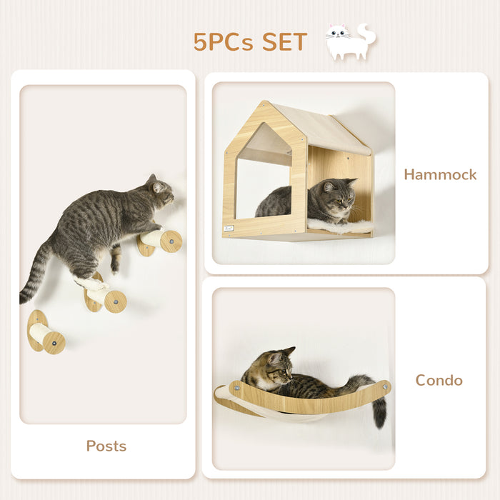 Cat Climbing Playset with 5 Wall-Mounted Shelves - Oak Kitten Activity Center with Condo, Hammock & Scratching Post - Ideal for Feline Enthusiasts and Playful Pets