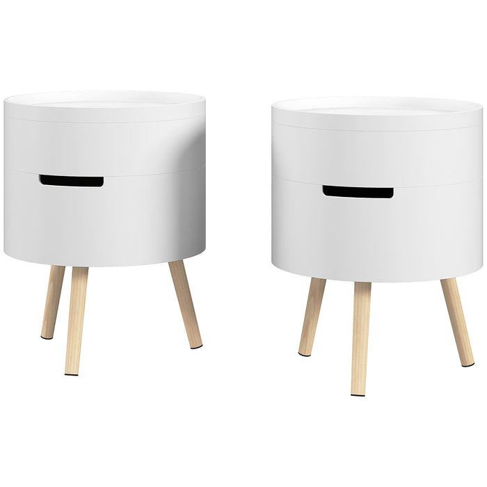 3-Tier Round Coffee & End Table Set with Storage - Dual Hidden Compartments, Detachable Tray Top - Ideal for Living Room Organization, Pair in White