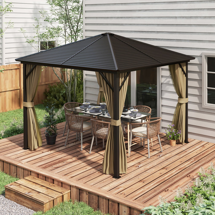3x3m Hard Top Garden Gazebo - Aluminium Frame with Metal Roof, Netting, and Curtains - Canopy Shelter for Outdoor Lawn Spaces