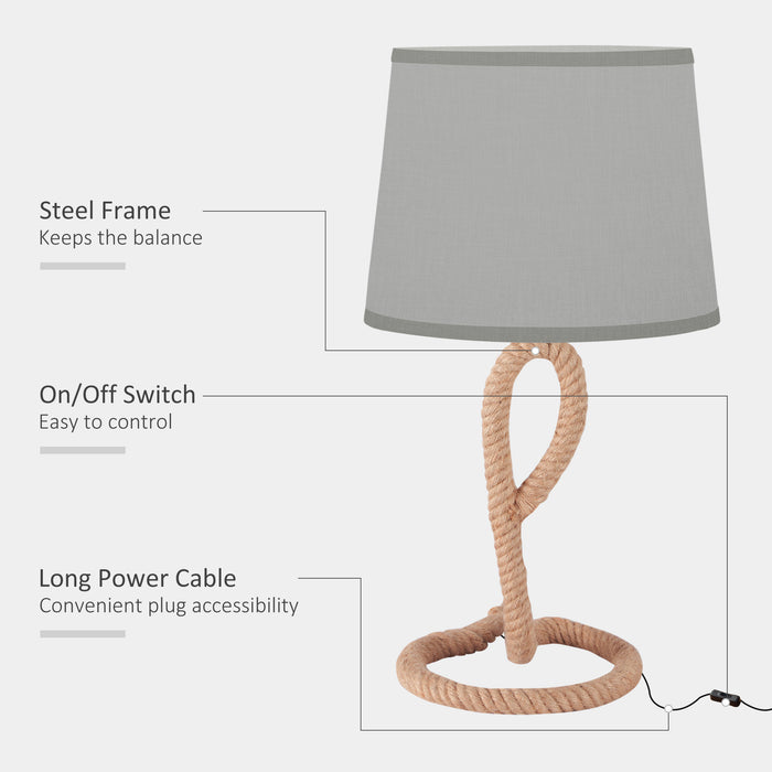 Farmhouse-Inspired Rope Base Table Lamp - E27 LED/Halogen Compatible, Fabric Shade - Ideal for Bedroom, Living Room, or Study Desk Lighting