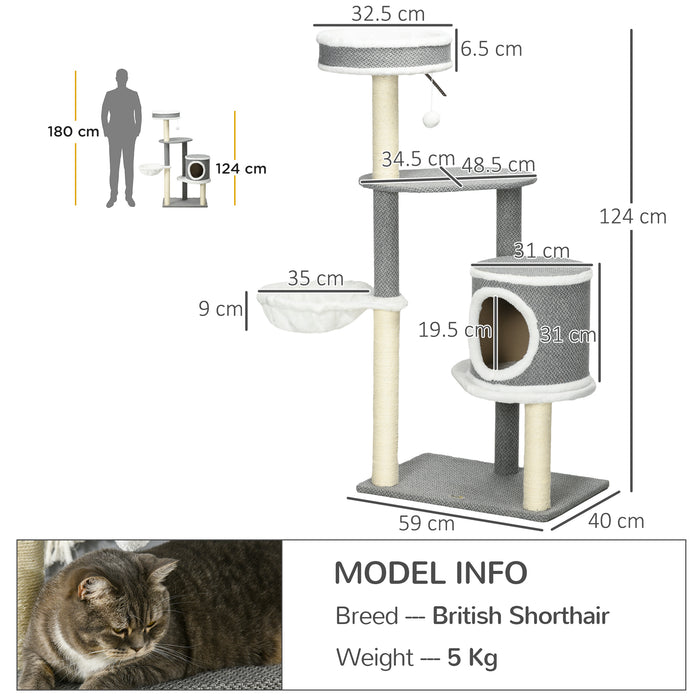 Multi-Level Cat Tree with Scratching Posts for Indoor Use - 124cm Tall Kitten Climbing Tower with Cozy Perches - Ideal for Playful Cats and Scratching Enthusiasts