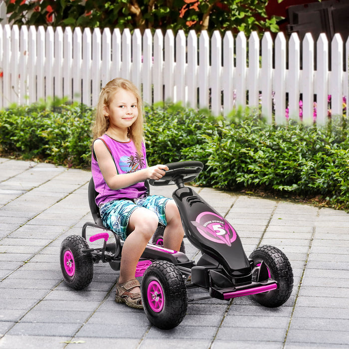 Kids' Pedal-Powered Racing Kart - Adjustable Seat, Pneumatic Tires & Shock Absorption - Ideal for Boys & Girls Aged 5-12, Fun Outdoor Play in Pink