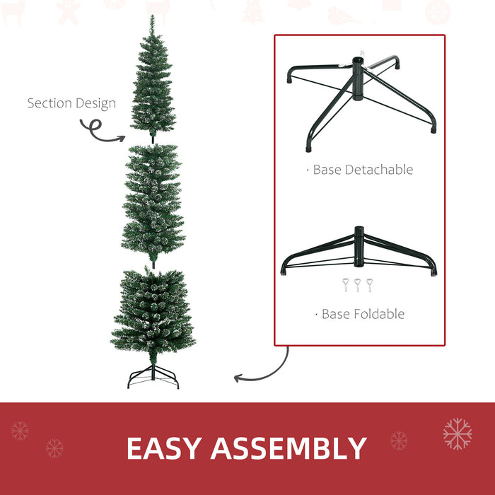 Artificial Snow-Flocked Pencil Christmas Tree 7.5FT - Slim Green Holiday Tree with Black Folding Metal Stand - Festive Indoor Home Decor for Xmas Season