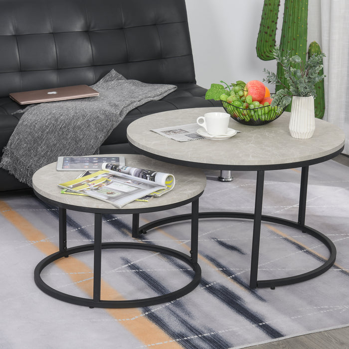 Stacking Coffee Table Duo with Marble-Effect Top - Steel Frame, Foot Pads, Nesting Design for Space-Saving Storage - Ideal for Home Display in Black/Grey