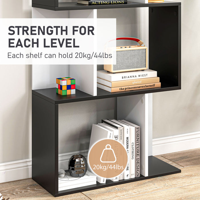 5-Tier S-Shaped Bookcase - Modern Storage & Display Shelving Unit, Divider in Black - Ideal for Organizing Books, Decor in Living Room or Office
