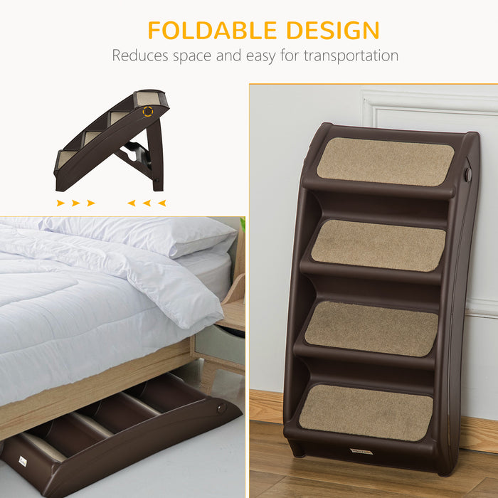 Foldable 4-Step Pet Stairs with Non-slip Mats - Easy Climbing Access for Cats and Small Dogs - Portable and Durable in Dark Brown
