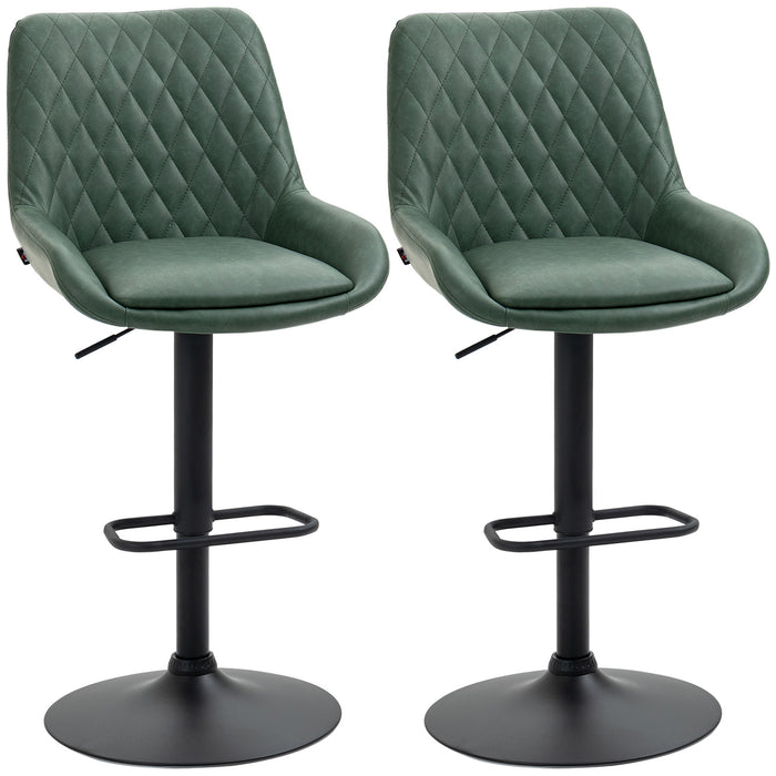 Retro Bar Stools (Pair) - Adjustable Swivel Kitchen Chairs with Backs, Upholstered in Green - Ideal for Home Bars and Kitchen Islands