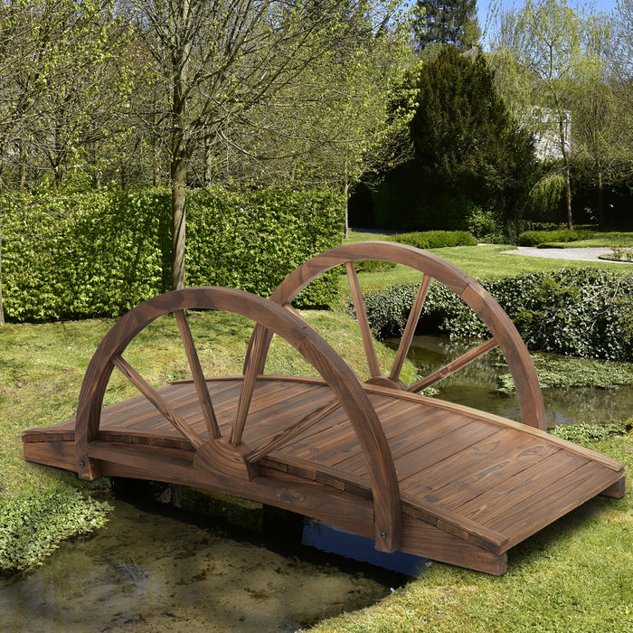 Garden Bridge with Stained Finish - Wooden Arc Structure with Wheeled Railings, 100L x 50W x 37H cm - Elegant Outdoor Pond and Yard Decor Accessory