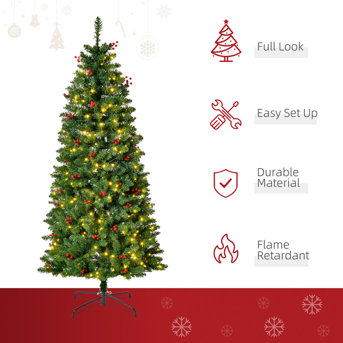 Artificial 5FT Pencil Christmas Tree with Lights and Berries - Pre-lit with Warm White LEDs and Decorated with Red Berries - Ideal for Festive Home Holiday Decor and Space-Saving Xmas Ambience