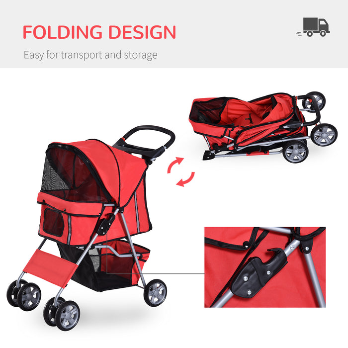 Folding Pet Stroller for Small Dogs - Weather-Resistant Canopy, Cup Holder, Undercarriage Storage - Safe Strolls with Reflective Safety Features in Red