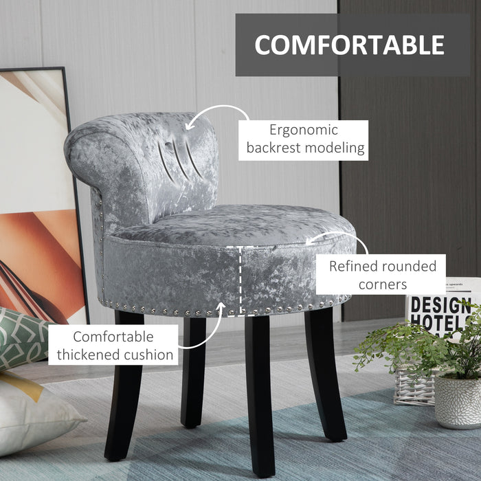 Velvet Makeup Seat with Rubber Wood Legs - Elegant Grey Dressing Table Stool for Living Room & Bedroom - Comfortable Ice Velvet Chair for Dressing Area