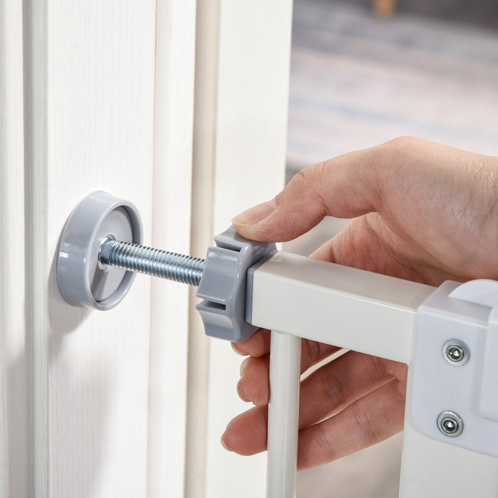 Expandable Pet Metal Safety Gate - Pressure Mounted Stair Barrier with Auto-Close Door and Double Locking System, 74-84 cm - Ideal for Dogs, Home & Child Safety, White