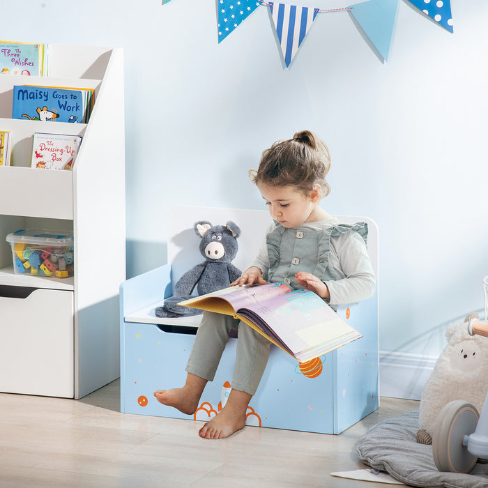 Wooden Toy Chest with Safety Hinge - 2-in-1 Kids Storage Bench and Toy Box Organizer, Rocket Design in Blue - Ideal for Children’s Room Organization
