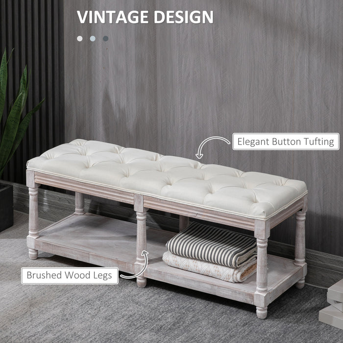 Vintage-Style Cream White Shoe Rack Bench - 2-Tier Storage with Button Tufted Upholstered Cushion - Wooden Entryway Bench for Hallway and Living Room