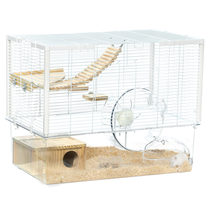 Wooden Gerbilarium with Accessories - Hamster and Gerbil Habitat with Exercise Wheel, Ramp, Food Bowl - Ideal for Small Rodent Pets, Earthy Aesthetics
