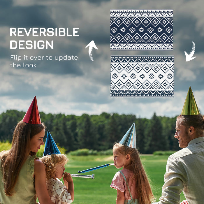 Reversible RV Outdoor Rug - Durable Plastic Straw Mat in Dark Blue and White, 182 x 274cm, with Carry Bag - Ideal for Camping & Patio Use