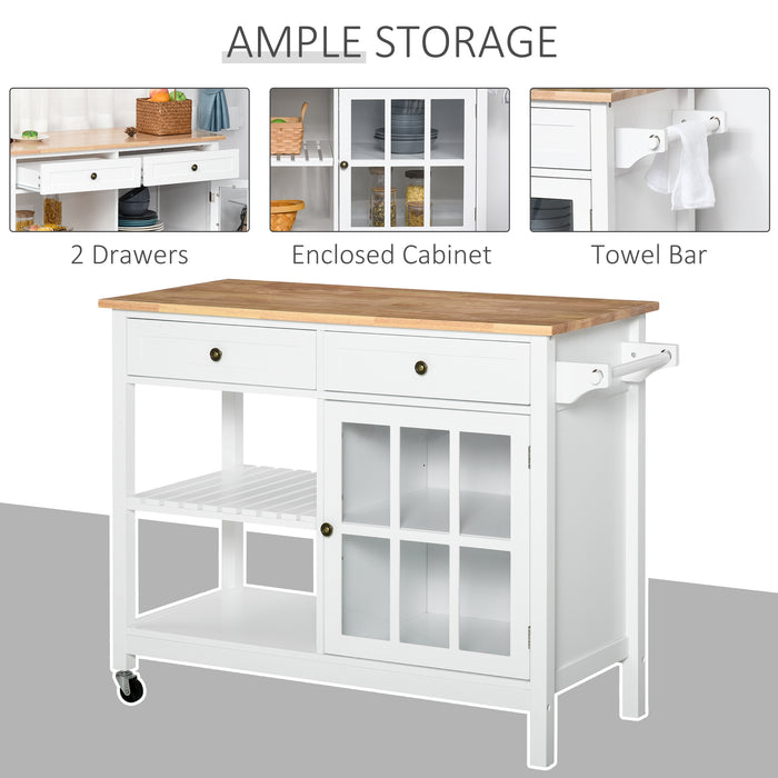 Kitchen Trolley Cart with Wheels - 2 Drawers, Cabinet, Towel Rack, and Rubber Wood Top - Moveable Storage Solution for Dining Room, White