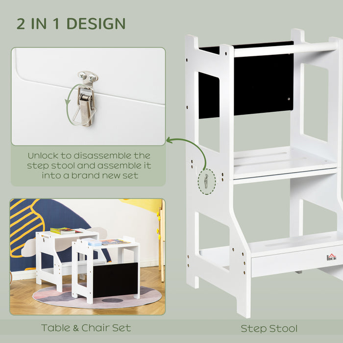 2-in-1 Kids Step Stool & Toddler Table/Chair Set - Kitchen Helper with Safety Rail and Chalkboard - Perfect for Little Helpers & Creative Play
