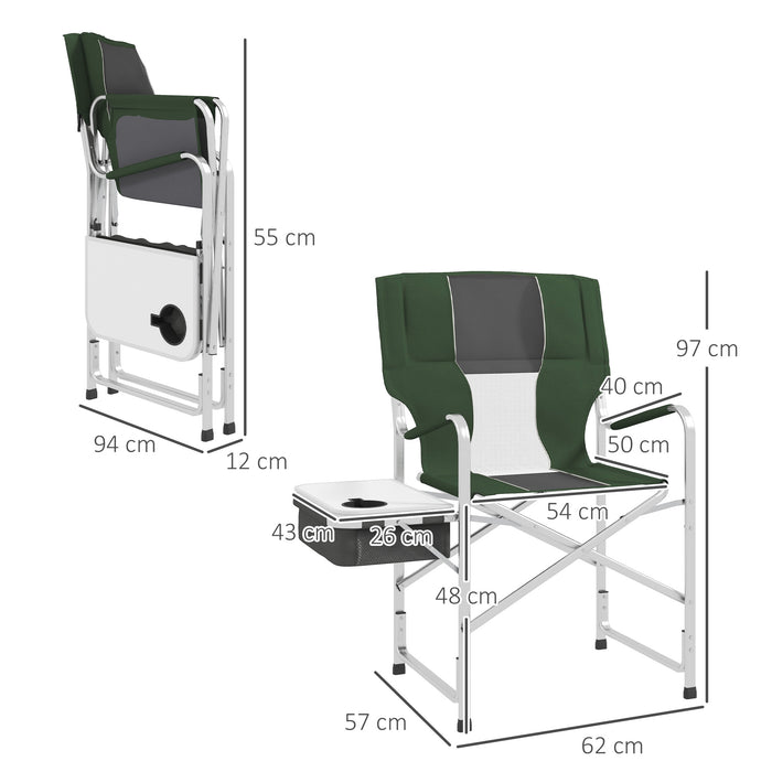 Aluminium Directors Chair with Features - Folding Camping Chair with Side Table, Cup Holder, Cooler Bag, Pocket - Portable Outdoor Seating Solution for Adults, Green