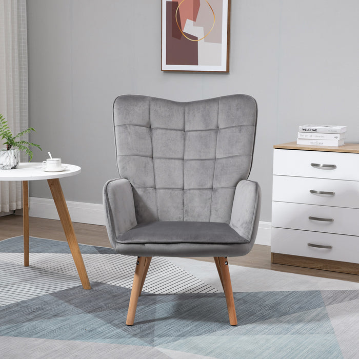 Velvet-Touch Tufted Wingback Armchair - Upholstered, Modern Leisure Lounge Club Sofa with Wooden Legs in Grey - Elegant Furniture for Stylish Comfort & Relaxation
