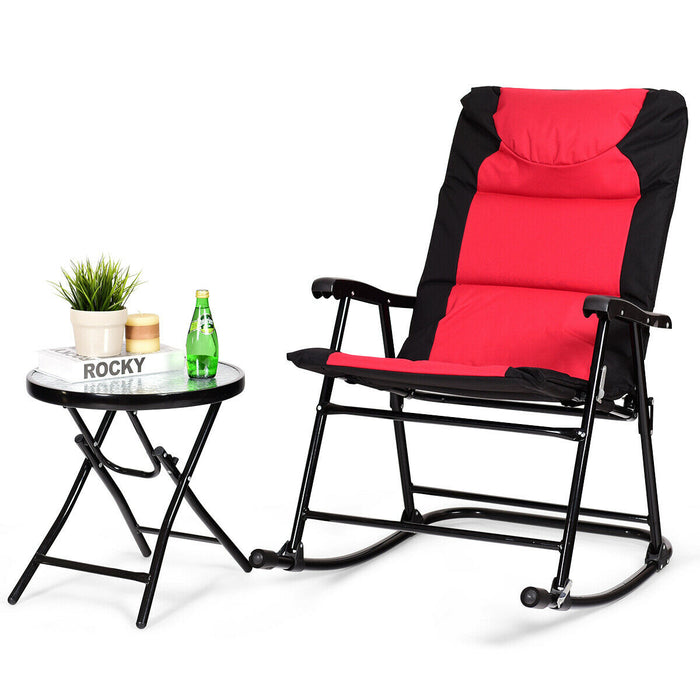 3 Piece Bistro Set - Folding Outdoor Rocking Chairs and Table in Red - Ideal for Patio Relaxation and Entertaining Guests