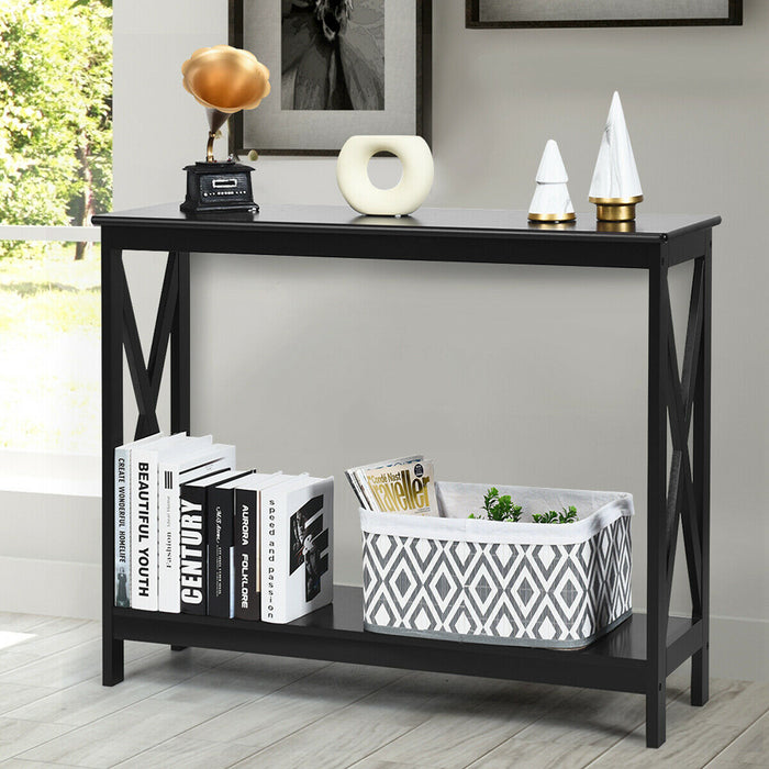 Black Wooden Console Table, 2-Tier Design - Elegant Furniture Piece for Home Decoration and Storage