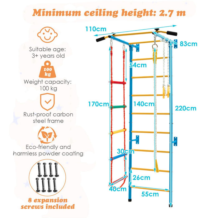 Swedish Ladder Yellow & Blue Edition - Climbing Frame with Pull-up Bar, Ropes and Rings - Ideal Exercise Equipment for Indoor Fitness Training