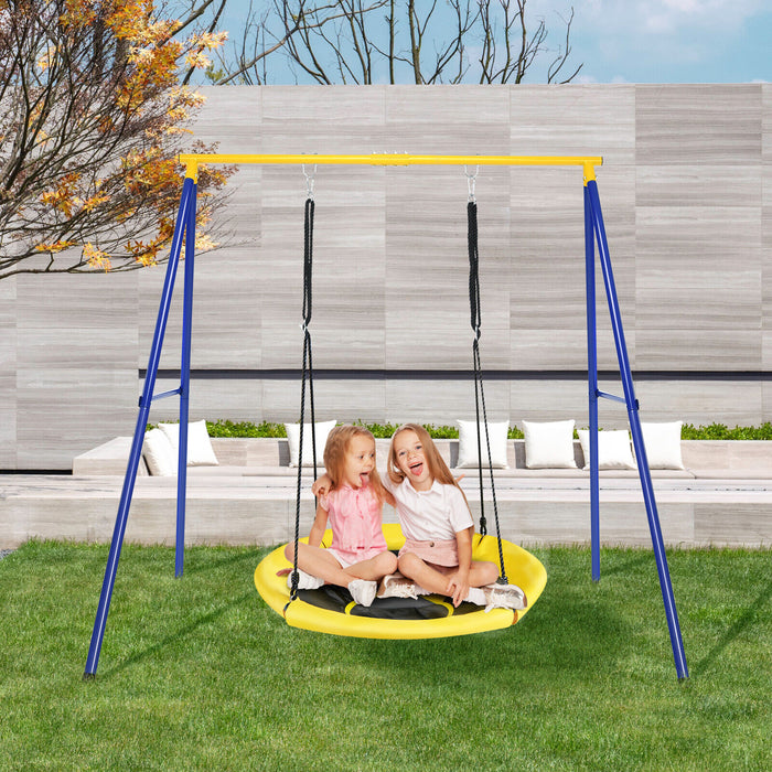 Saucer Swing Set with Metal Frame - Garden Park Outdoor Play Equipment in Blue & Yellow -Includes Ground Nails for Stability and Safety