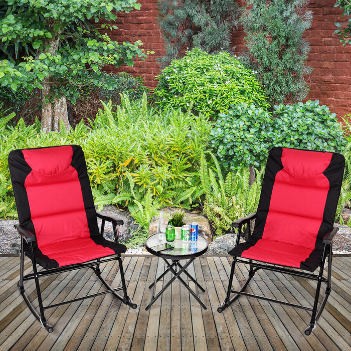 3 Piece Bistro Set - Folding Outdoor Rocking Chairs and Table in Red - Ideal for Patio Relaxation and Entertaining Guests