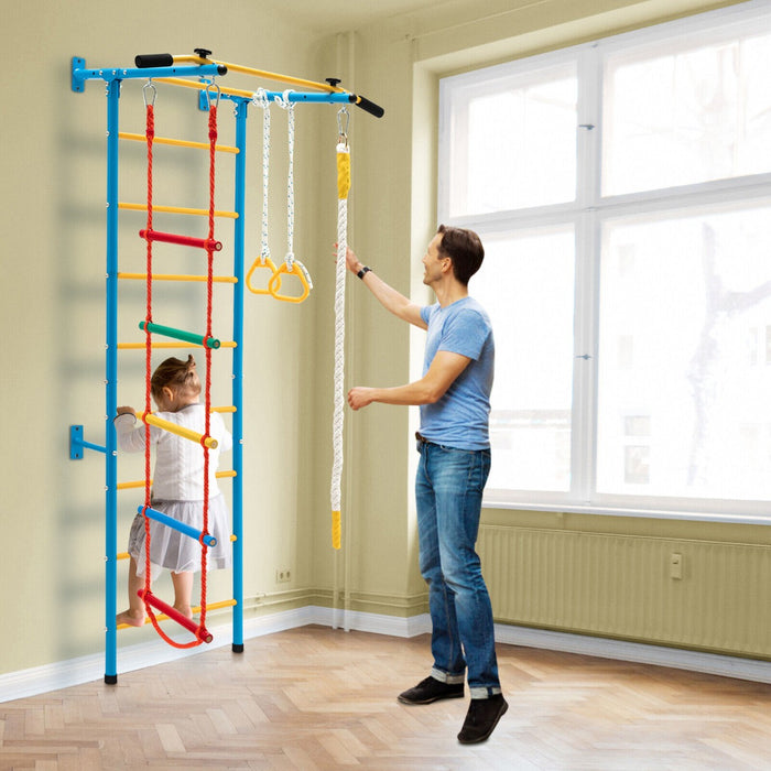 Swedish Ladder Yellow & Blue Edition - Climbing Frame with Pull-up Bar, Ropes and Rings - Ideal Exercise Equipment for Indoor Fitness Training