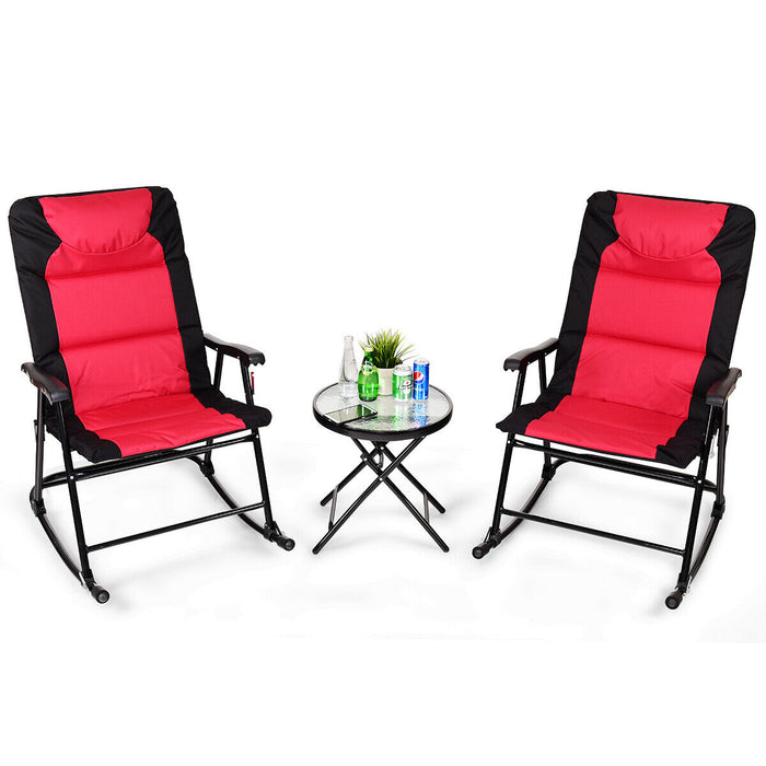 3 Piece Bistro Set - Folding Outdoor Rocking Chairs and Table in Red - Ideal for Patio Relaxation and Entertaining Guests