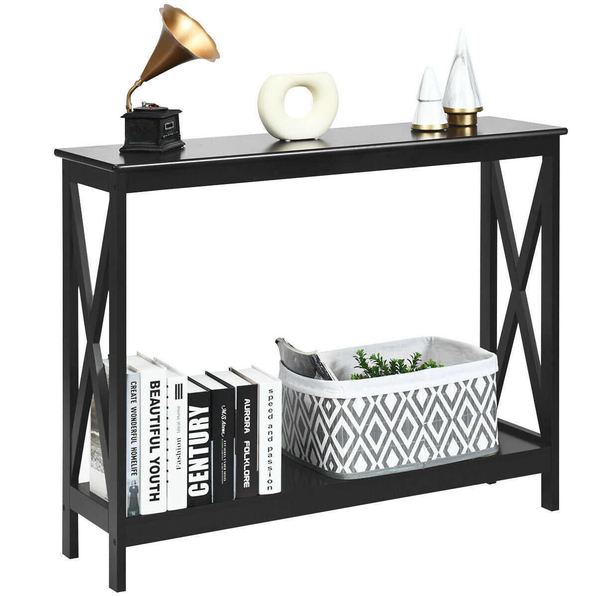 Black Wooden Console Table, 2-Tier Design - Elegant Furniture Piece for Home Decoration and Storage