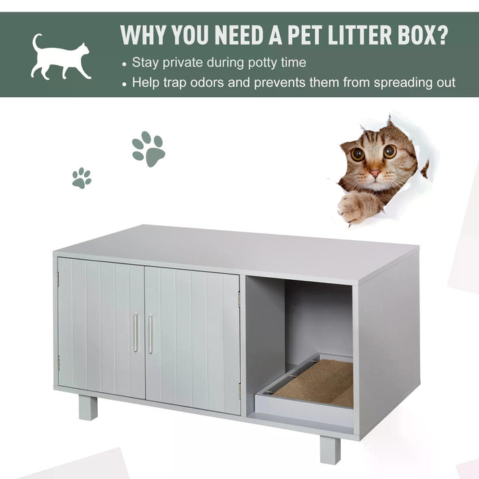 Cat Litter Box Furniture - Wooden Enclosure with Scratch Pad & Magnetic Door - Nightstand Styled Pet House for Cat Privacy & Home Décor