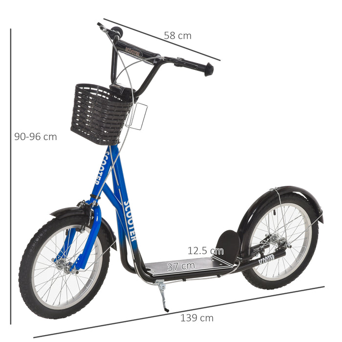 Adjustable Kids & Teens Kick Scooter with Basket and Cupholder - Blue Children's Ride-On with 16" Inflatable Tires, Dual Brakes & Mudguard - Fun and Safe Outdoor Activities for Young Riders