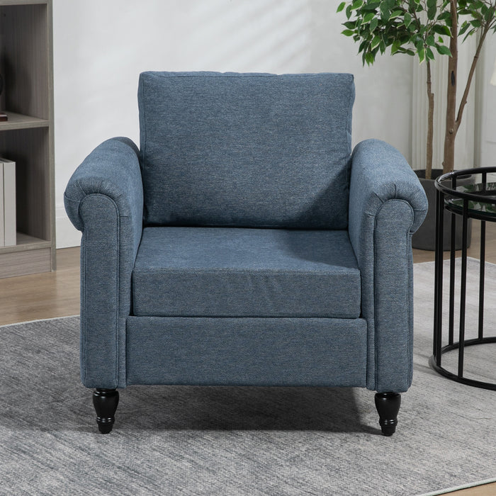 Vintage Tufted Accent Chair - Upholstered Lounge Armchair with Rubber Wood Legs and Rolled Arms in Dark Blue - Elegant Seating for Living Room or Reading Nook