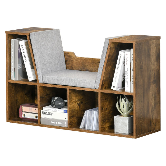 Storage Seat Bookcase - Cushioned Shelf Sideboard for Kids' Reading Nook - Rustic Brown Organizer for Bedroom and Living Room